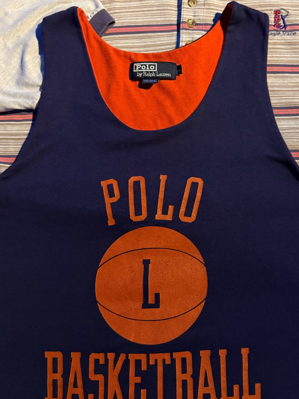 Vintage RARE Polo Ralph Lauren Navy and Orange Polo Basketball Tank Top - Picture 2 of 5